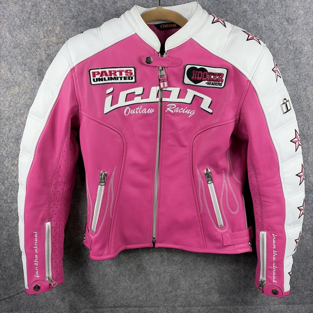 NWOT ICON Kitty  Jacket Size (S) Pink / White Armored Insulated Liner Zip Pock